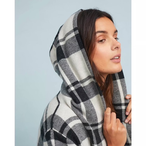 Anthropologie Field Flower Plaid Hooded Wool Cardigan Black White Women's XS - Picture 3 of 9